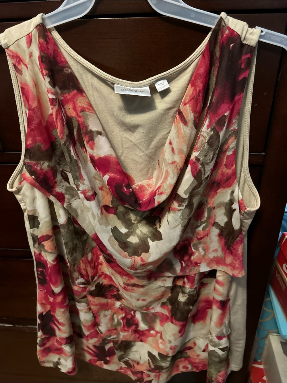 Avenue Floral Cowl Neck Sleeveless Tank - Pink, Brown & Cream